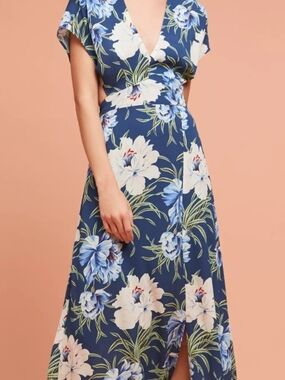 Floral V-Neck Maxi Dress - Navy Blue